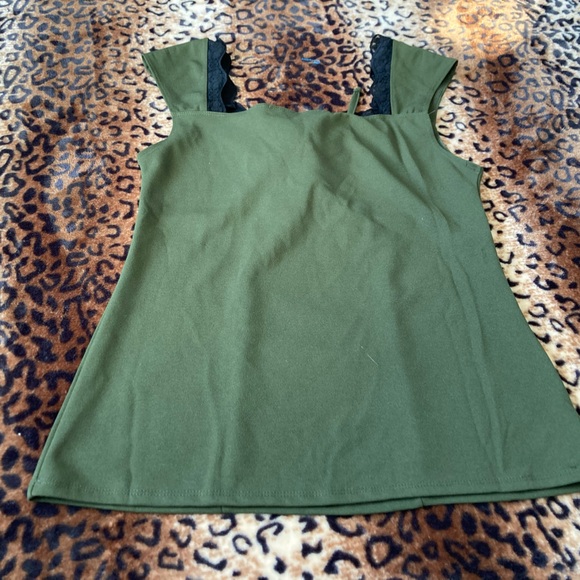 Y2K Wrapper Green Milkmaid Sleeveless Blouse Top with Black Lace Size M - Picture 2 of 4